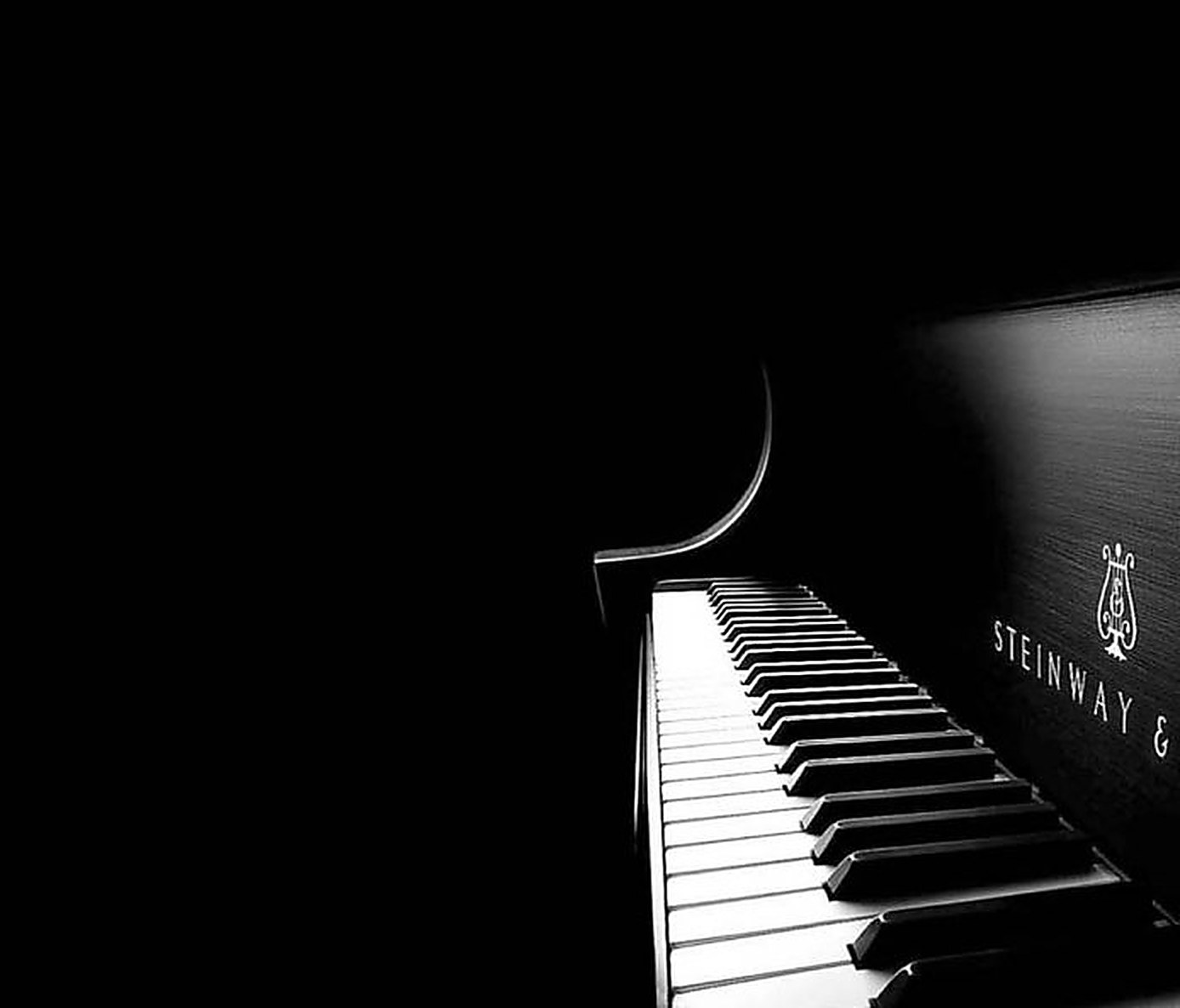 The keyboard and Steinway & Sons decal of a grand piano in low light